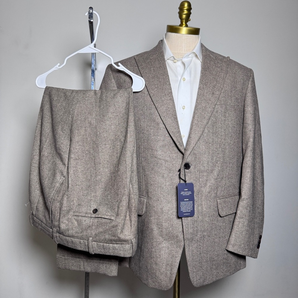 Studiosuits Suit‎ Mens 44R 42x27.5 Brown Herringbone Wool 2-Button Blazer Pant